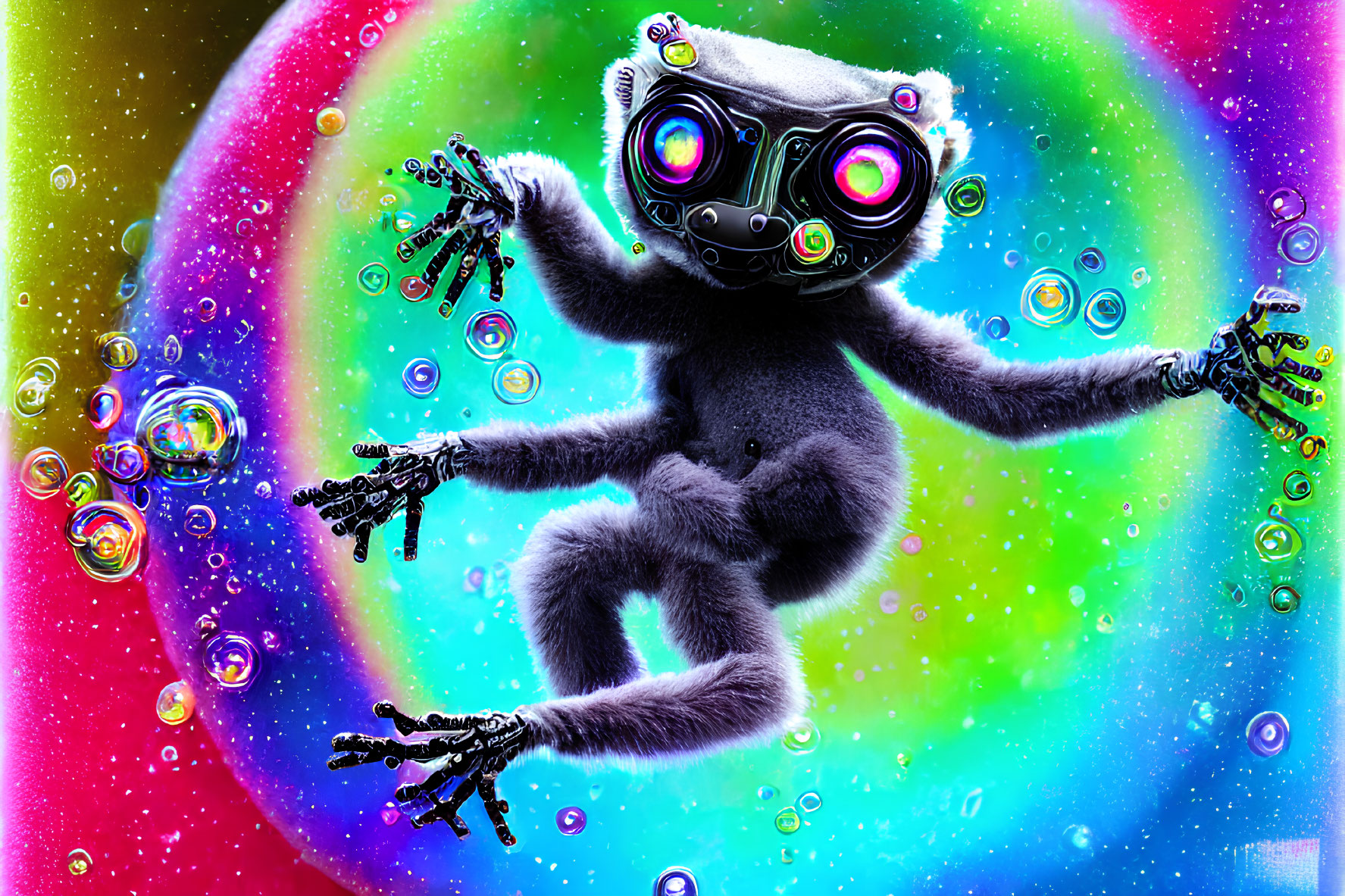 Imaginative creature with robotic arms and eyes in colorful, psychedelic setting