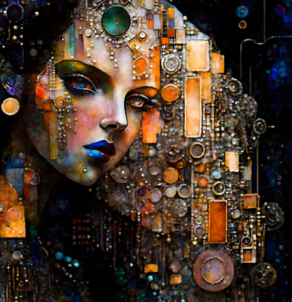 woman portrait, patchwork electronic watercolor