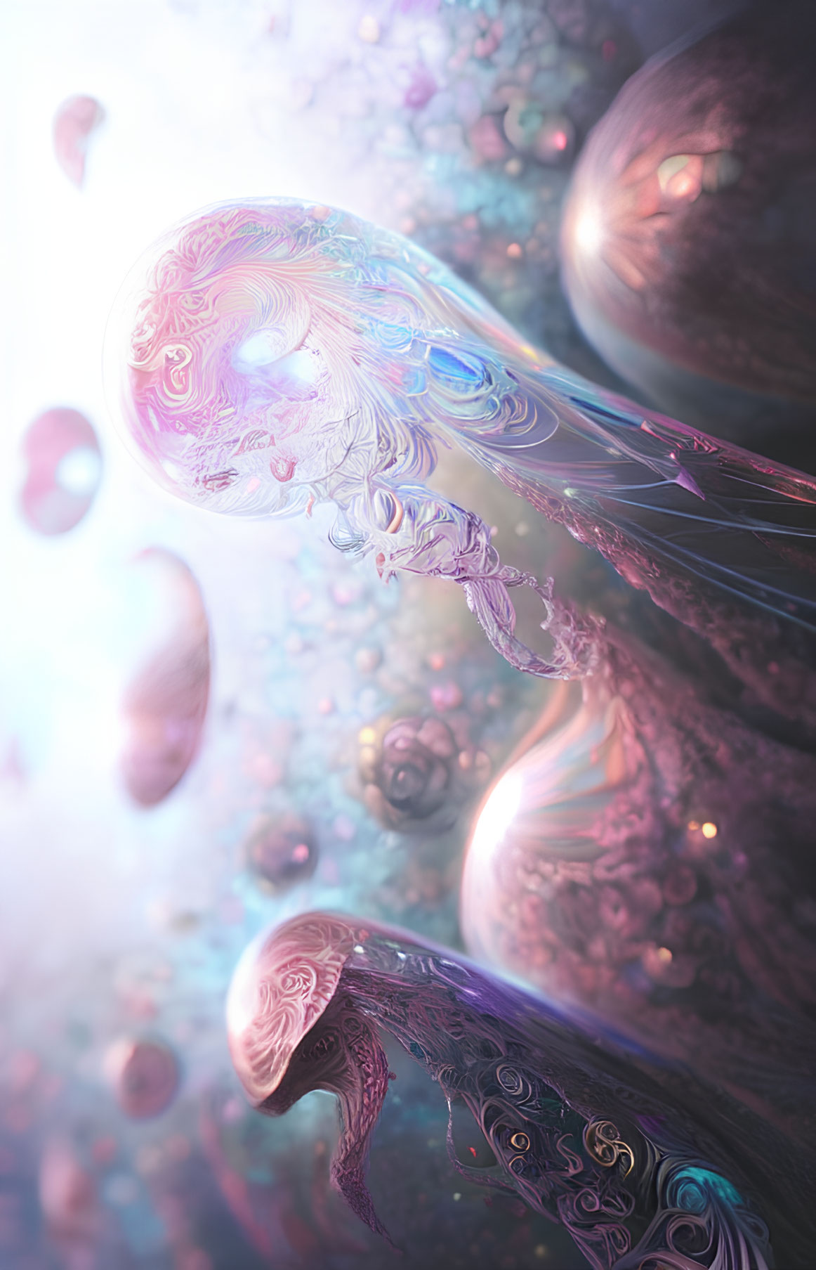 3D-rendered surreal image: Metallic, organic shapes with intricate patterns in pink and purple palette