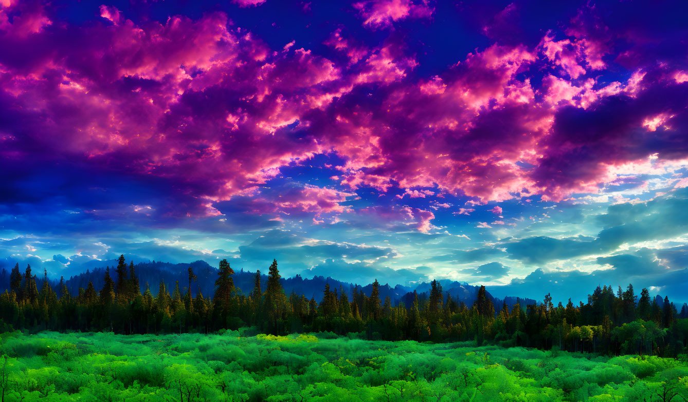 ai, psychedelic forest, landscape, clouds, tinted