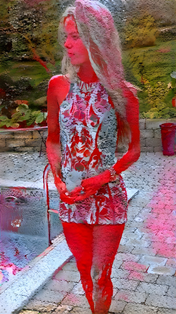 model in dress by pool, chalk on cement, red