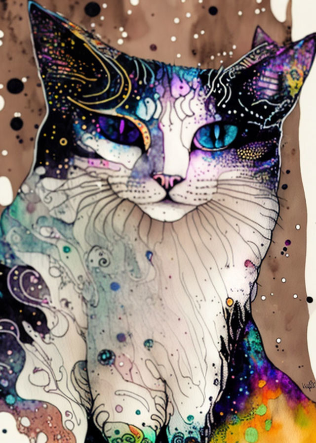 cute painterly watercolor ink cat illustration