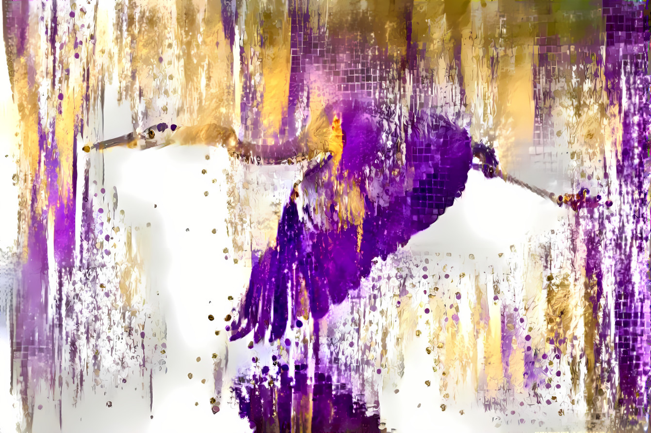 crane flying over water, white, gold, purple paint