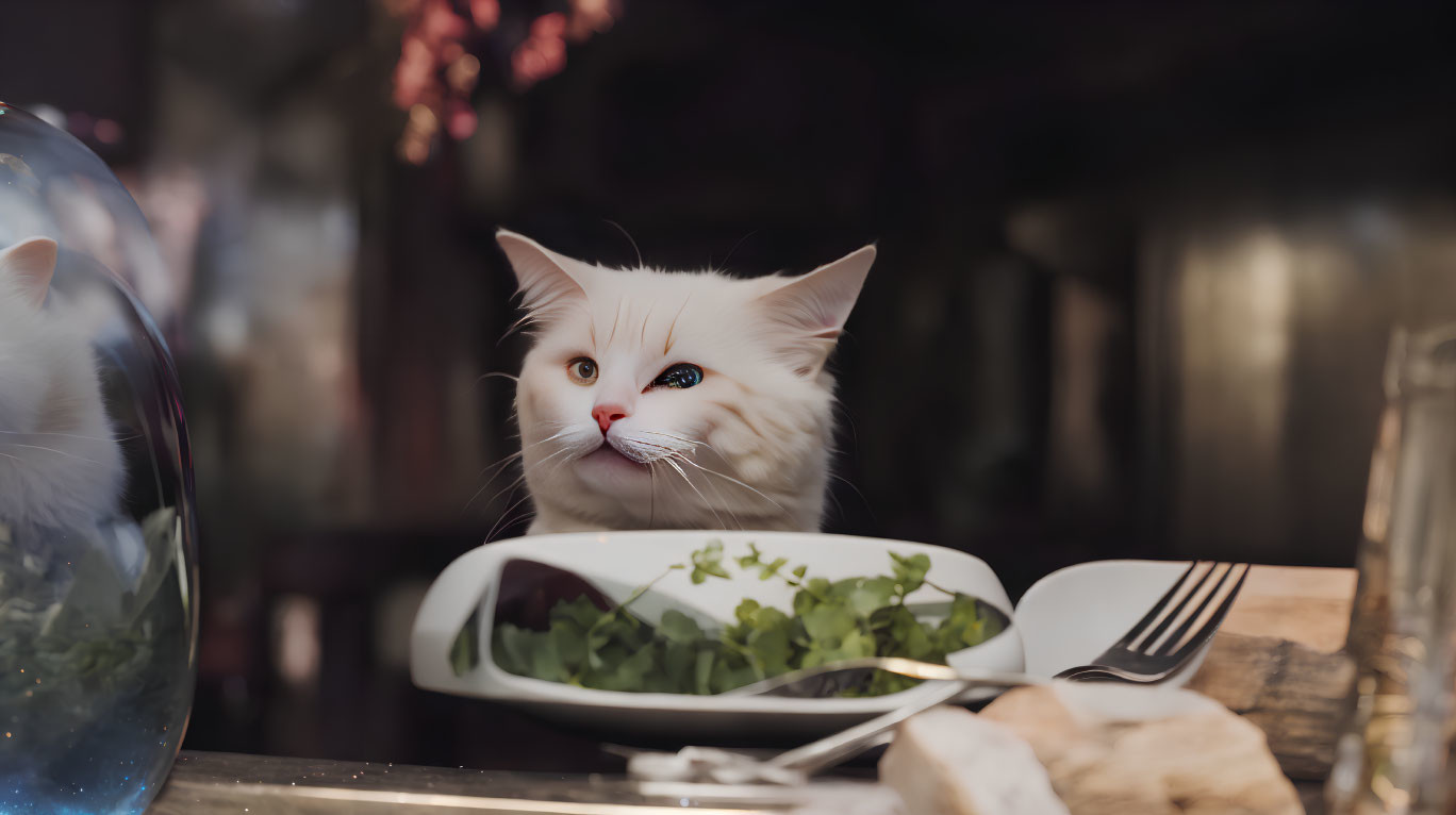 White cat with blue eyes dining at table with greens and bread