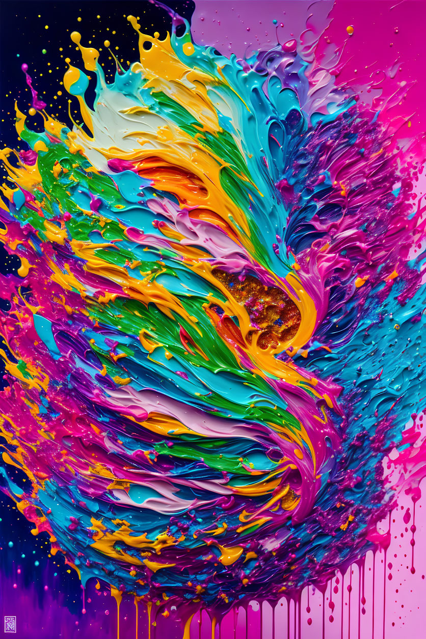 Colorful Abstract Painting with Dynamic Swirl of Pink, Yellow, Green, and Blue Hues