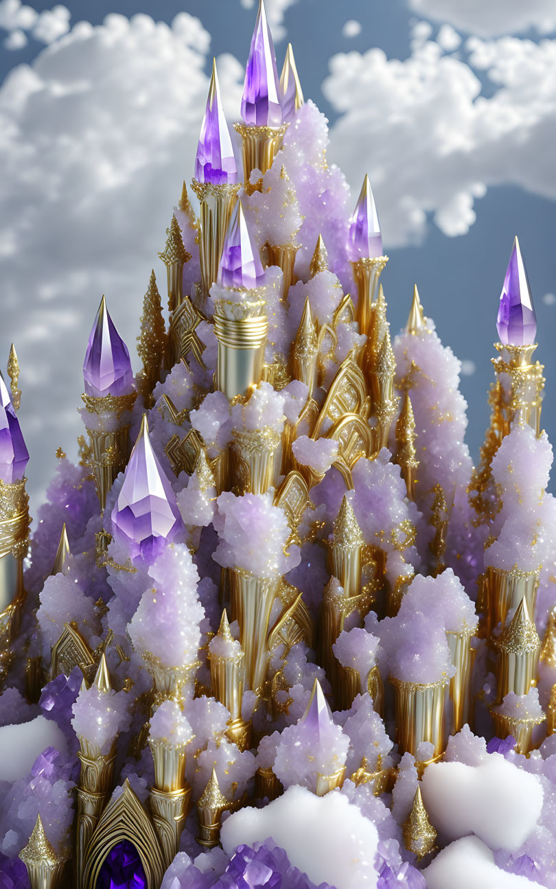 amethyst crystal castle, gold, white, clouds