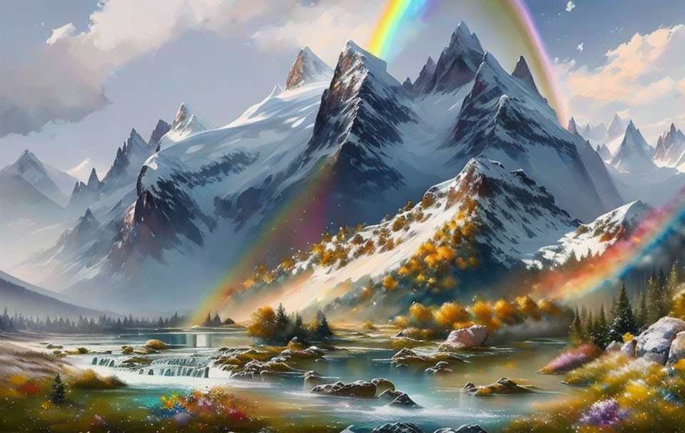 snowcapped mountains, waterfalls, rainbow