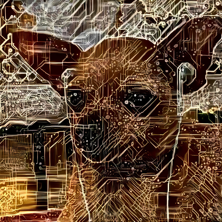 dog wearing headphones, gold circuit