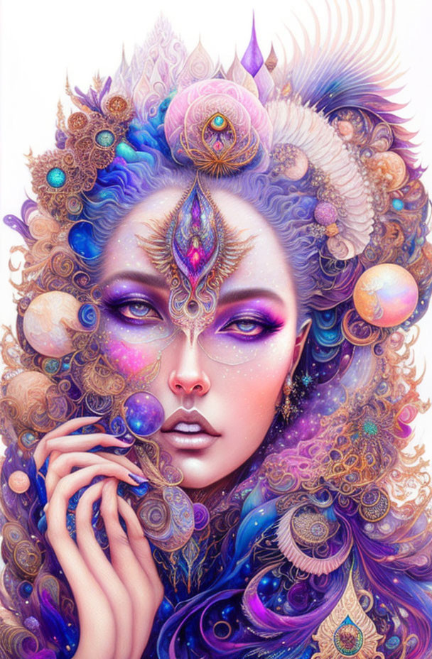 Vibrant psychedelic artwork of a cosmic woman with floral and jewel elements