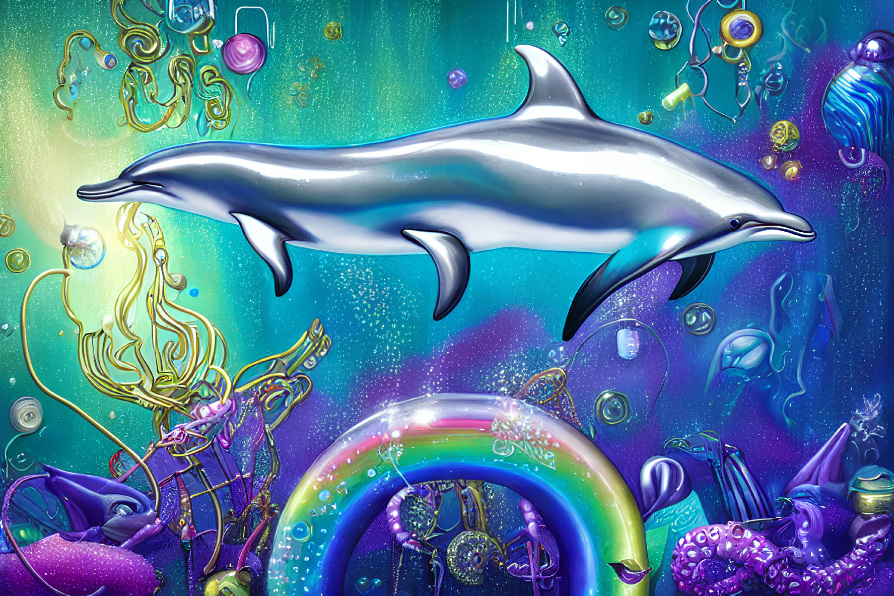Colorful Dolphin Leaping in Surreal Underwater Art