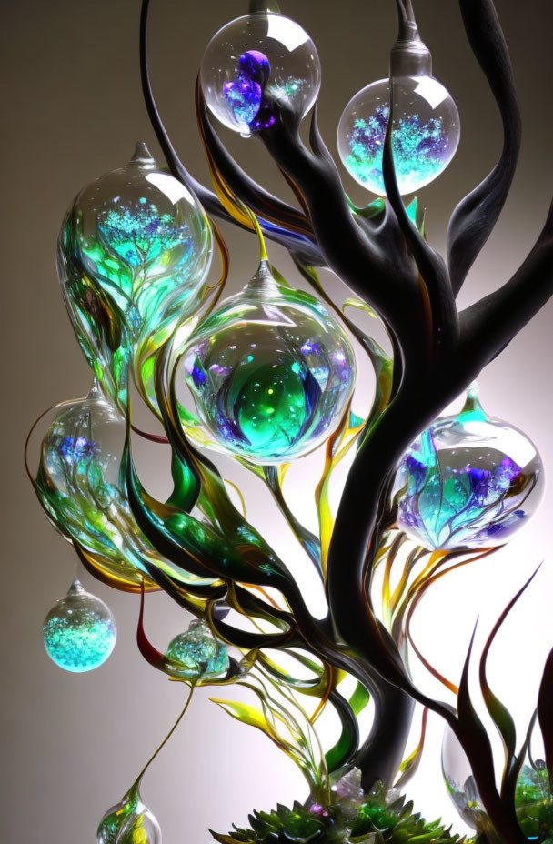 Sculptural tree with rainbow glass orbs on black branches