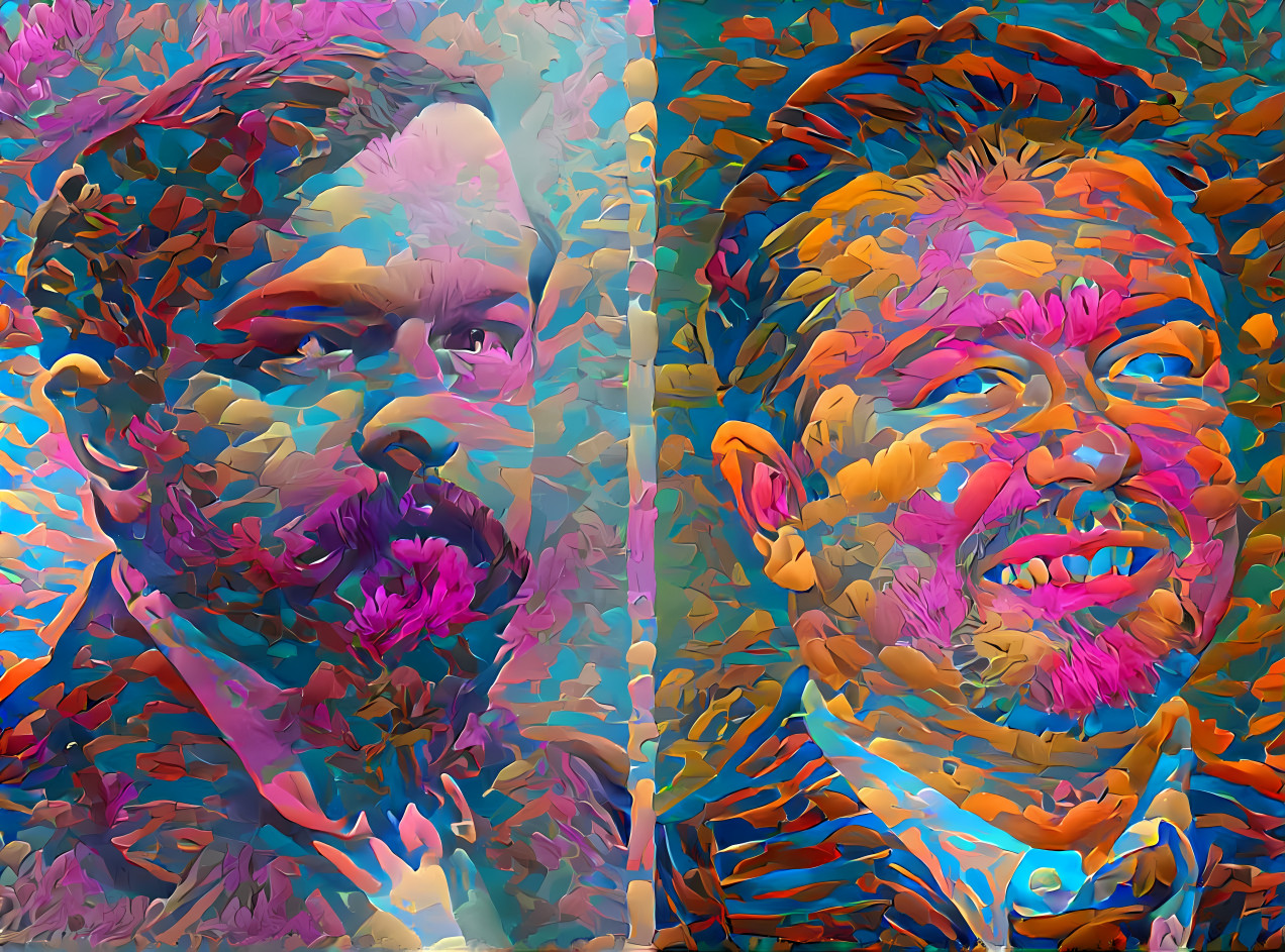 debussy and ricky gervais, painting, orange, pink