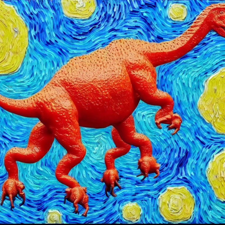 Colorful Stylized Dinosaur with Long Neck in Starry Night-Inspired Art