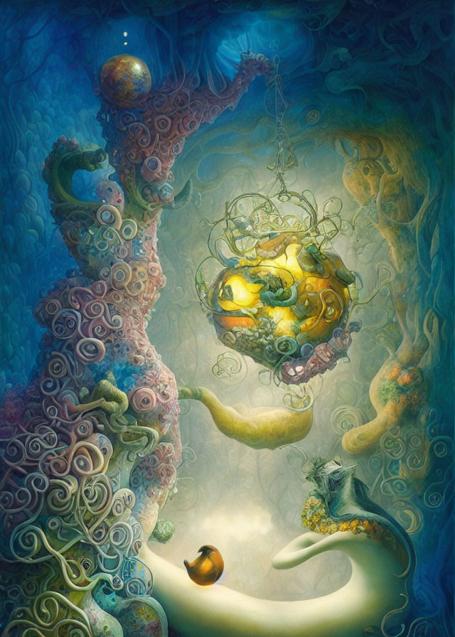 Vibrant coral structures, whimsical machine, fish, and serene mermaid in underwater scene