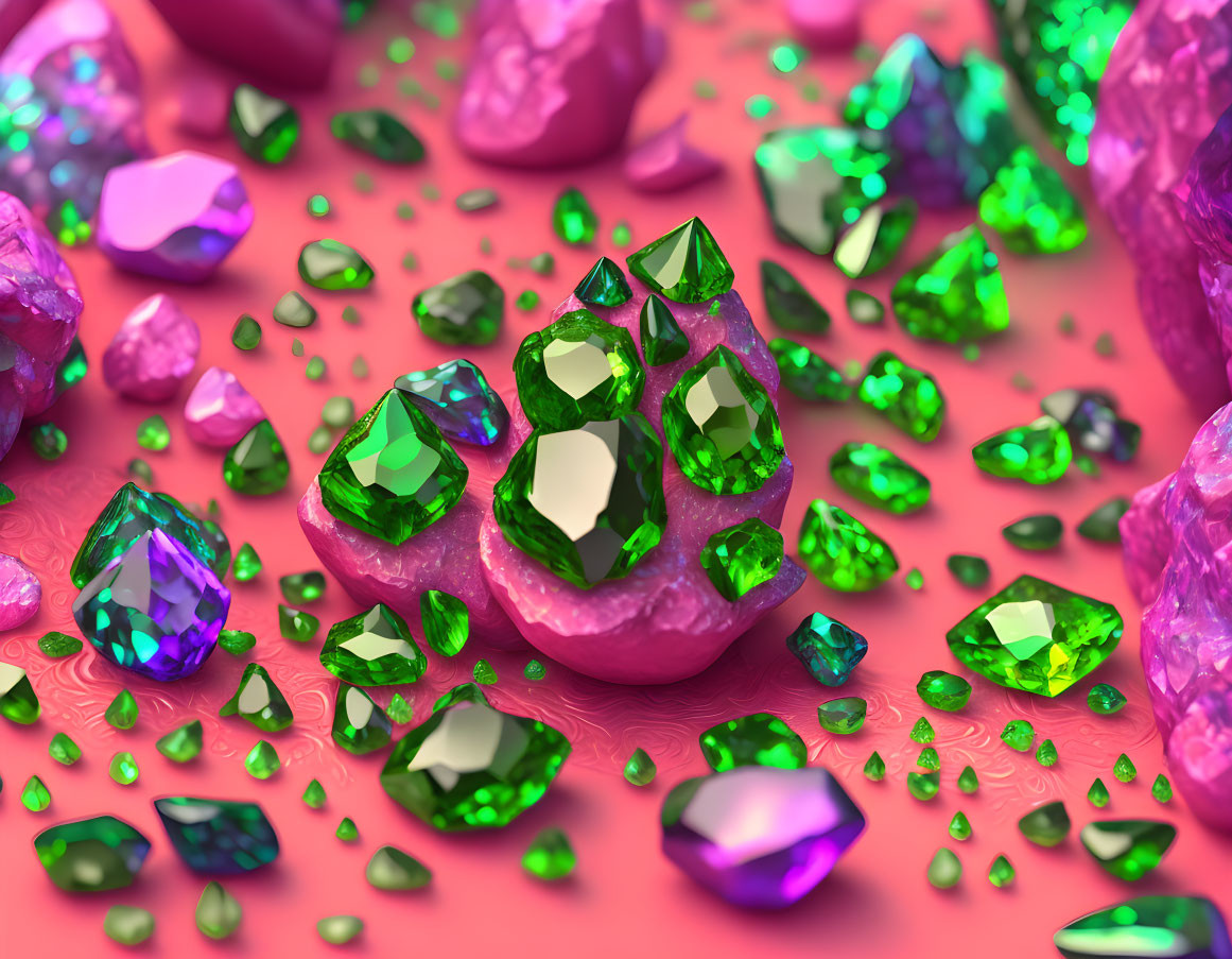 Closeup Green Emeralds, Purple & Pink Stones