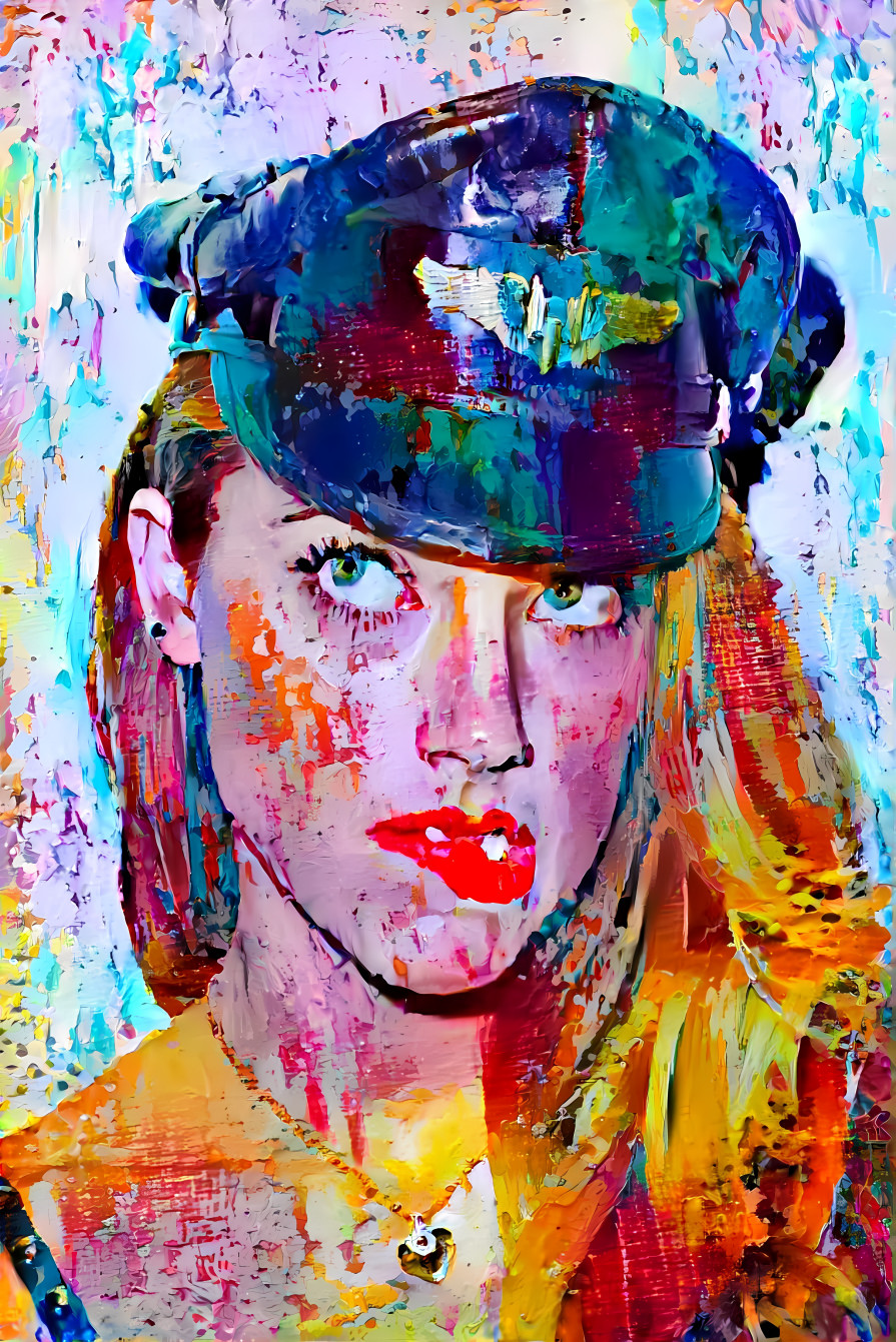 model in leather hat biting lip, painting