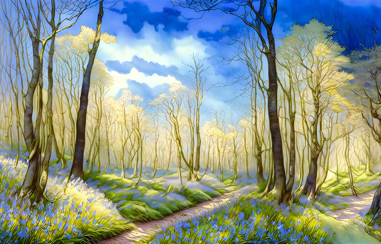 ai, dreamy bluebell woodland path in spring