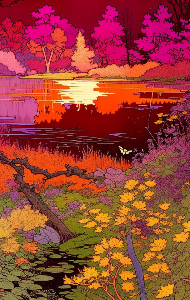 psychedelic autumn landscape, flat color