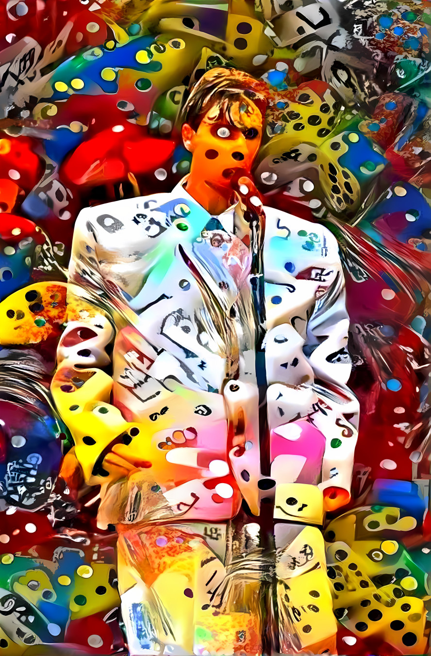 david byrne big suit, retextured with colored dice