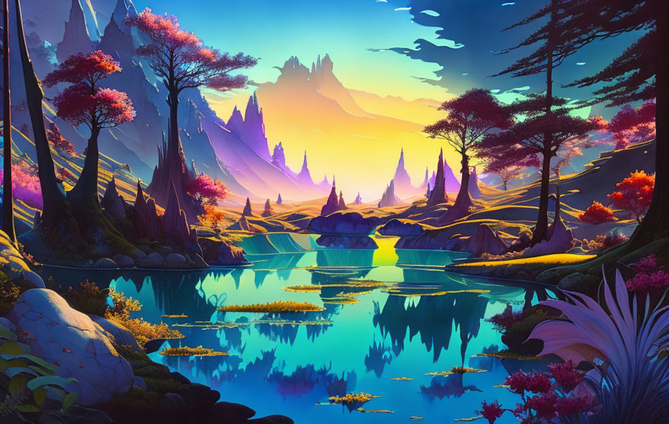 Colorful fantasy landscape with blue lake, pink trees, and purple mountains