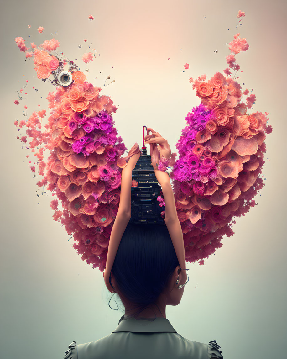 Person holding camera with head exploding into vibrant flower butterfly wings on beige backdrop