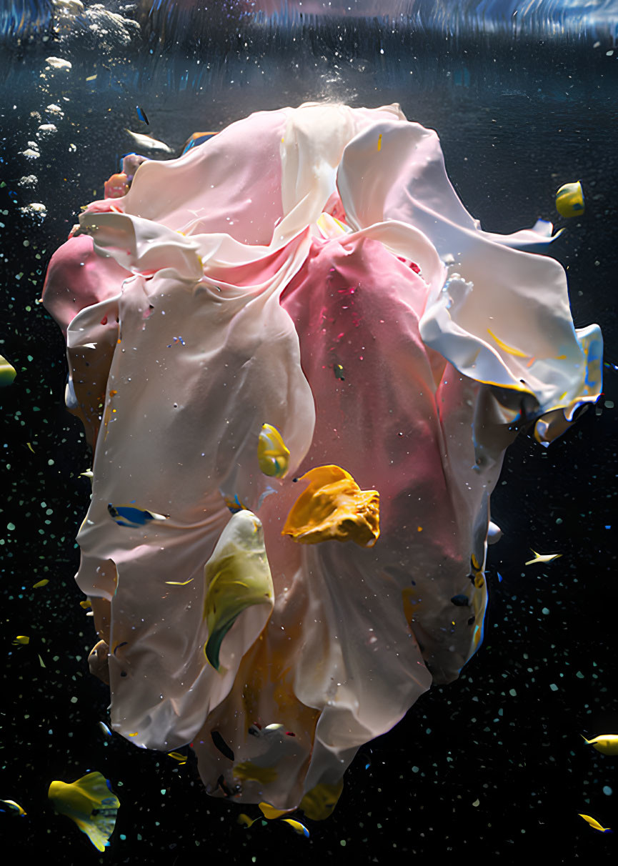 Abstract Pink and White Object Surrounded by Bubbles and Fragments Underwater