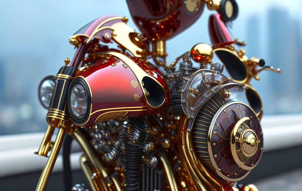 Detailed Steampunk-Style Motorcycle with Red and Gold Accents