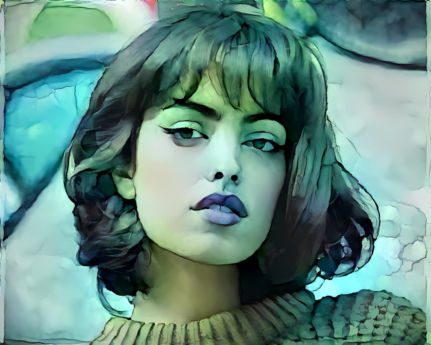 model, face, closeup, aqua blue / green watercolor