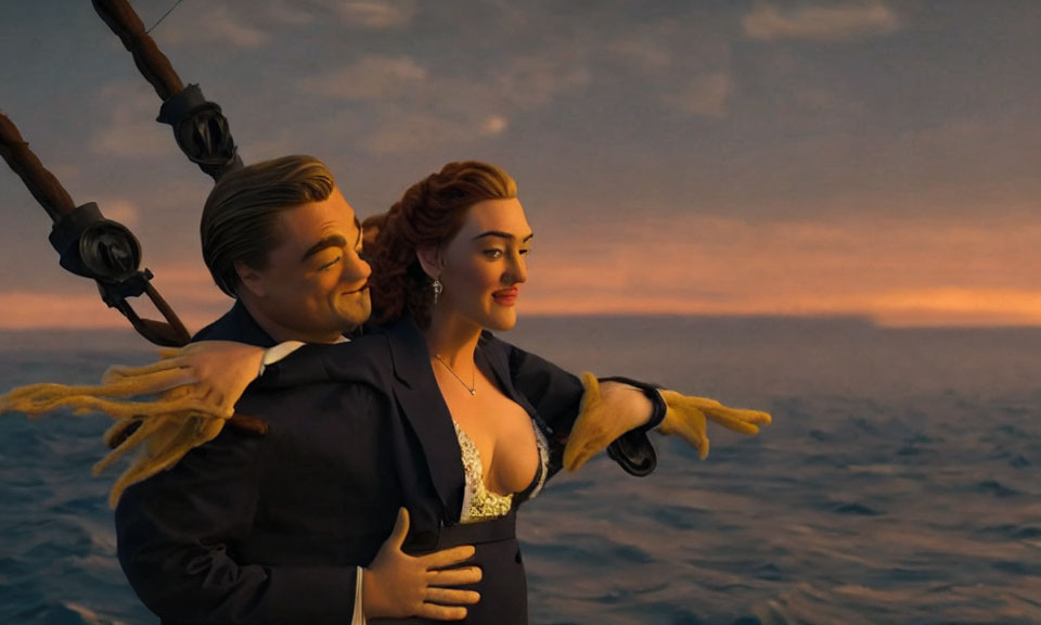 Animated characters embrace on ship bow at sunset