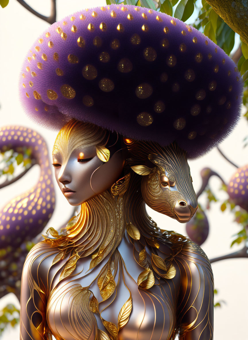 Digital artwork of female figure in golden armor with ornate headdress
