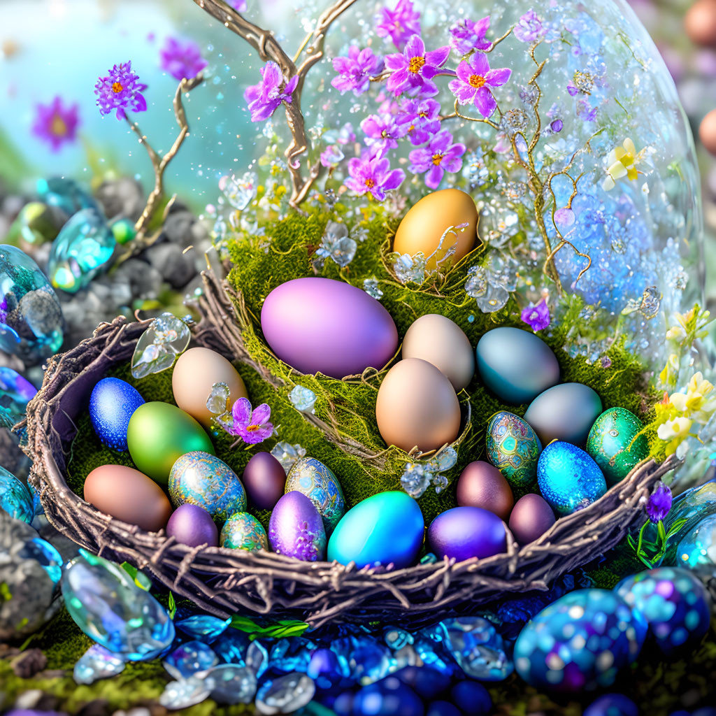 glass, jeweled eggs, ostara altar, nest, plants