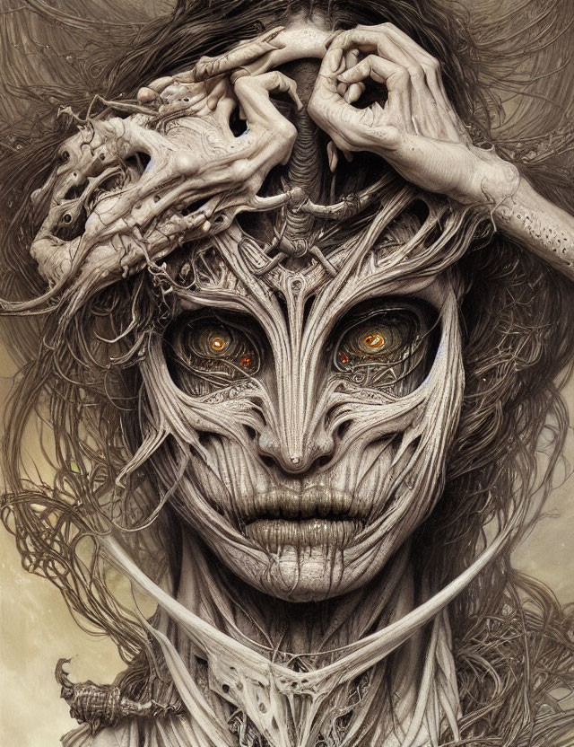 Detailed fantasy illustration: humanoid creature with bone and root-like textures, orange eyes, twisted organic crown