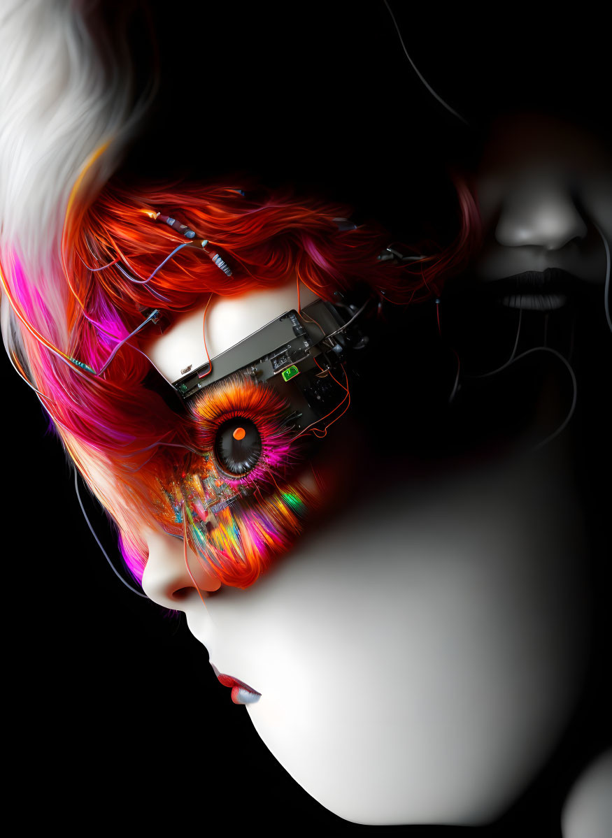 Colorful Female Android Artwork with Vibrant Eye and Wires on Black Background
