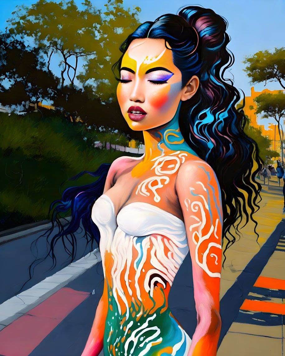 woman in city, expressive full body painting