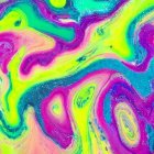 Colorful digital abstract art with swirling psychedelic patterns in pink, purple, yellow, and green.