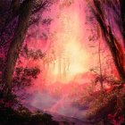 Mystical forest scene with pink and red leaves, sun rays, mist, water, stones