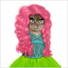 Stylized female portrait with pink and teal wavy hair and cat ears