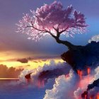 Colorful Stylized Tree Artwork with Pink Canopy and Vibrant Landscape Shapes