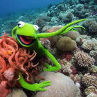 Digital artwork of Kermit the Frog as a mermaid in underwater scene.