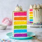 Colorful Rainbow Layer Cake with Frosting, Sprinkles, and Candy on Light Blue Plate