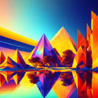 Colorful Digital Art: Reflective Crystal Mountains, Neon Sky