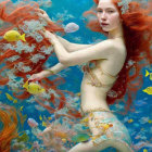 Red-haired mermaid with golden jewelry in tranquil underwater scene