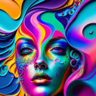 Colorful digital artwork of woman's face with liquid swirls and droplets