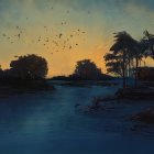 Tranquil watercolor landscape: Birds, wading birds, silhouetted trees at dusk