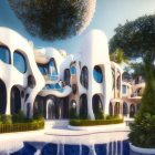 Organic white buildings with round windows, surrounded by trees and reflective pool