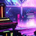 Neon-lit stage with grand piano and performer in black outfit and mohawk hairstyle