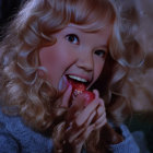 Blonde woman biting red apple in orchard setting