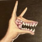 Surreal illustration of hand with monstrous mouth and sharp teeth on dark background