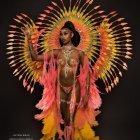Elaborate Costume with Feathered Headdress and Wings in Vibrant Colors