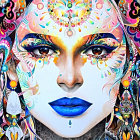 Vibrant floral patterns on a woman's face with expressive eyes and blue lips